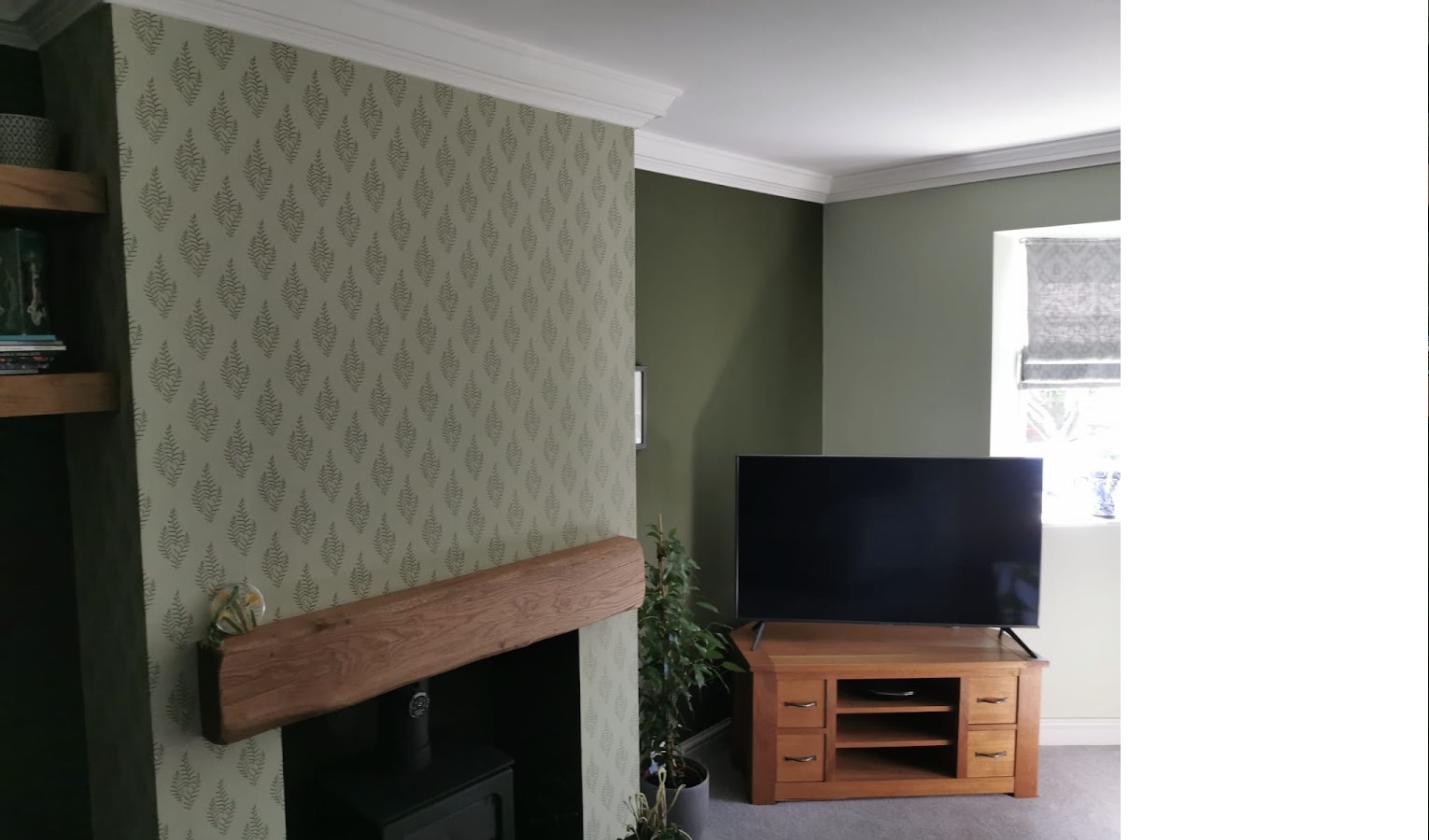 Lounge chimney breast in olive green